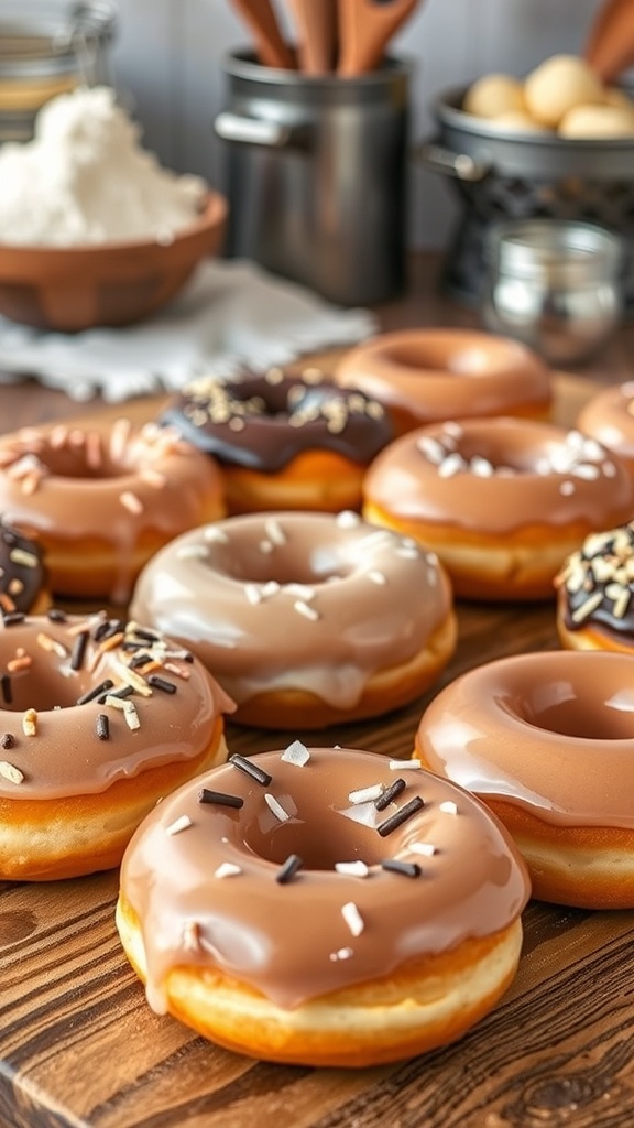 A variety of glazed donuts with sprinkles and toppings on a wooden table.
